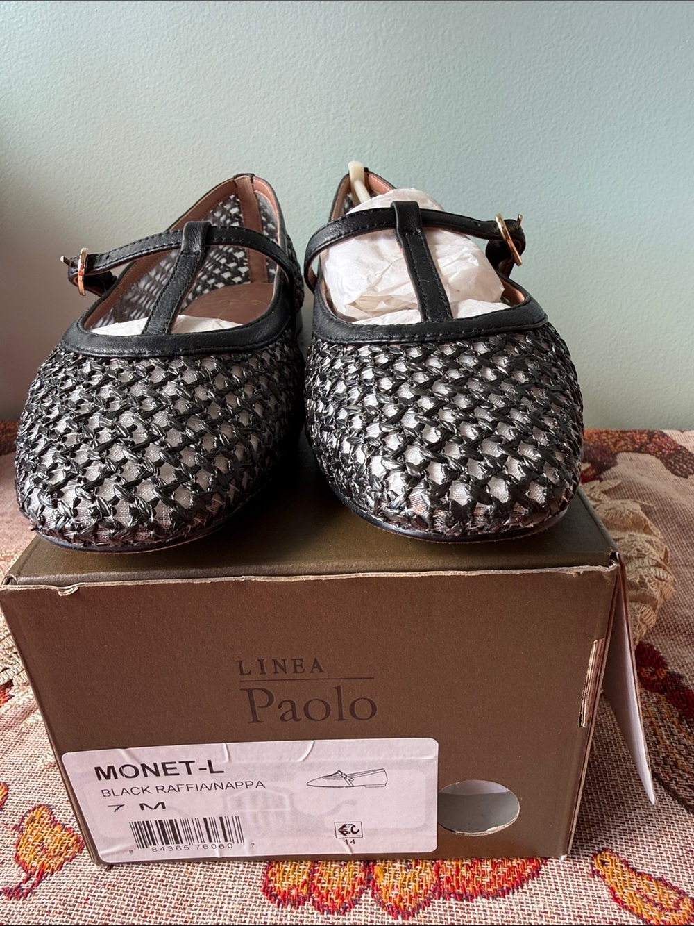 Linea Paolo Black Raffia T‑Strap Mary Jane Shoes